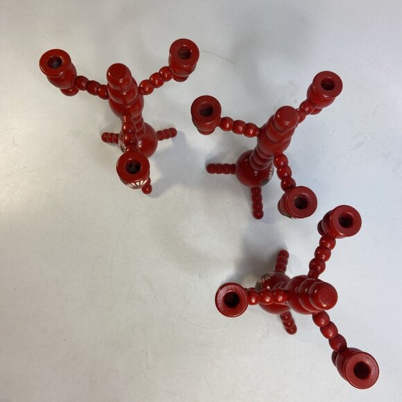 Swedish Traditional Bobbin Candle Holders 3 Arm Hand Painted Wood Red Set of 3 - Picture 7 of 10